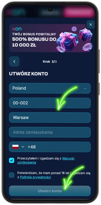 Wypełnianie kraju, adresu, numeru telefonu i tworzenie konta Xon Bet