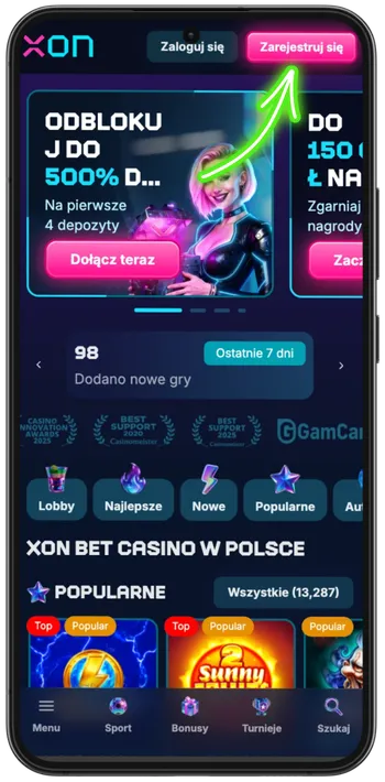 Kliknięcie przycisku zarejestruj się na oficjalnej stronie Xon Bet