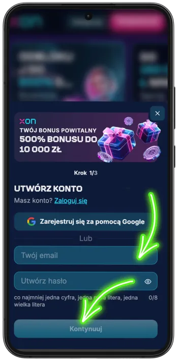Wpisywanie adresu e-mail i hasła, a następnie kliknięcie Kontynuuj na Xon Bet