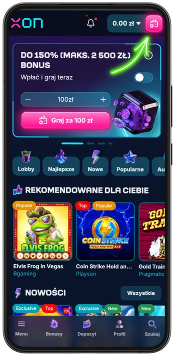 Kliknięcie ikony depozytu w celu zasilenia nowo utworzonego konta Xon Bet