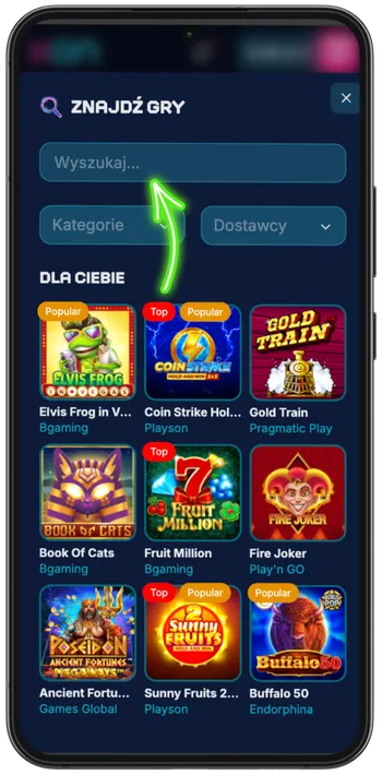 Korzystanie z paska wyszukiwania w celu znalezienia i uruchomienia gry kasynowej na Xon Bet