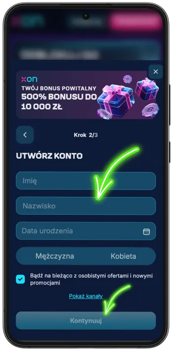 Wpisywanie imienia, nazwiska i płci w oknie rejestracji Xon Bet